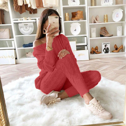 Autumn Winter Women Fashion Solid Color Off-shoulder Knitted 2Pcs/Set Sweater Casual Suit