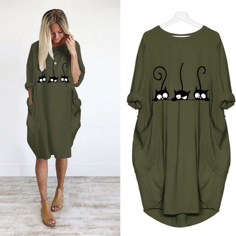 S-5XL Plus Size Women Cartoon Cat Print Round Collar Casual Loose Dress