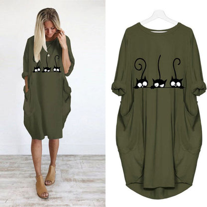 S-5XL Plus Size Women Cartoon Cat Print Round Collar Casual Loose Dress