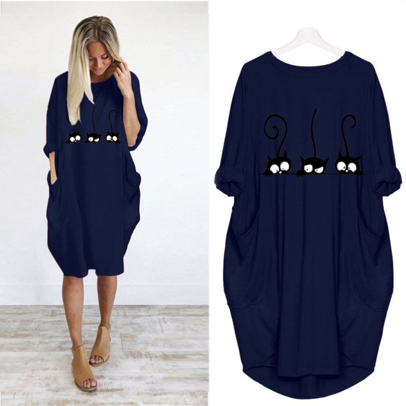 S-5XL Plus Size Women Cartoon Cat Print Round Collar Casual Loose Dress