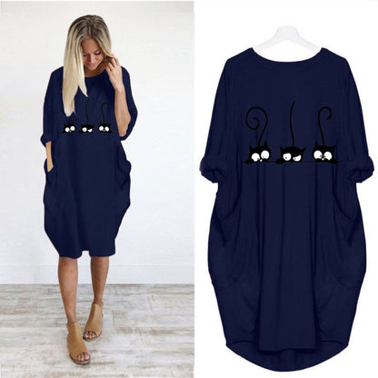 S-5XL Plus Size Women Cartoon Cat Print Round Collar Casual Loose Dress