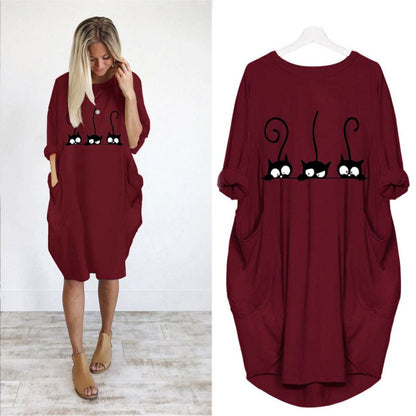 S-5XL Plus Size Women Cartoon Cat Print Round Collar Casual Loose Dress