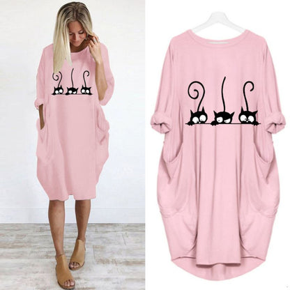 S-5XL Plus Size Women Cartoon Cat Print Round Collar Casual Loose Dress