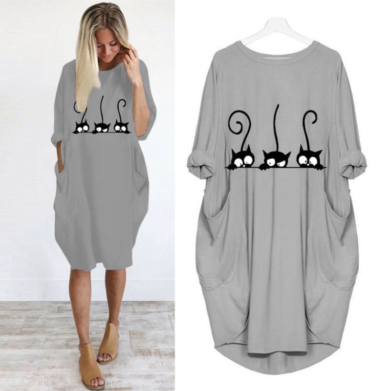 S-5XL Plus Size Women Cartoon Cat Print Round Collar Casual Loose Dress
