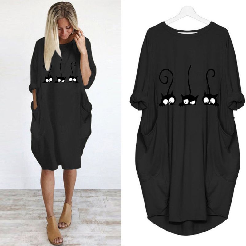 S-5XL Plus Size Women Cartoon Cat Print Round Collar Casual Loose Dress