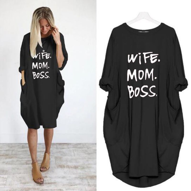 Vestido informal de manga larga con diseño de bolsillo para mujer, tallas grandes S-5XL