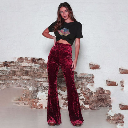 S-XL Women Velvet Fabric High-waisted Casual Wide Leg Trousers