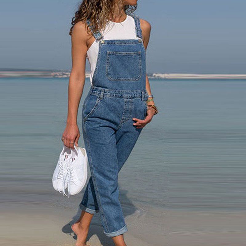 Women Fashion Pocket Design Casual Ripped Suspender Jeans