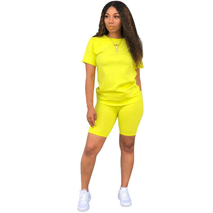 Conjunto de dos piezas de camiseta informal de color neón con pantalones cortos sueltos, tallas S-2XL