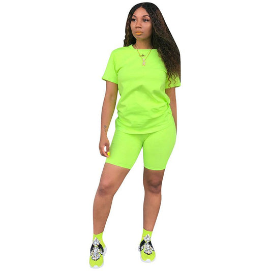 Conjunto de dos piezas de camiseta informal de color neón con pantalones cortos sueltos, tallas S-2XL