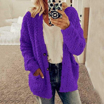 Cárdigan informal de punto de felpa con diseño de bolsillo de color liso para mujer, de invierno