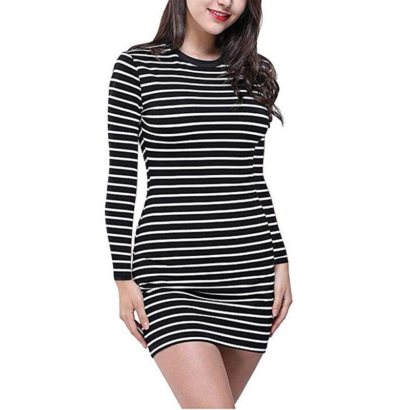S-XL Round Collar Stripe Women Bodycon Casual Dress