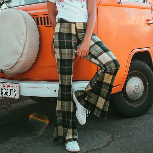 Pantalones acampanados casuales con estampado de cuadros S-XL