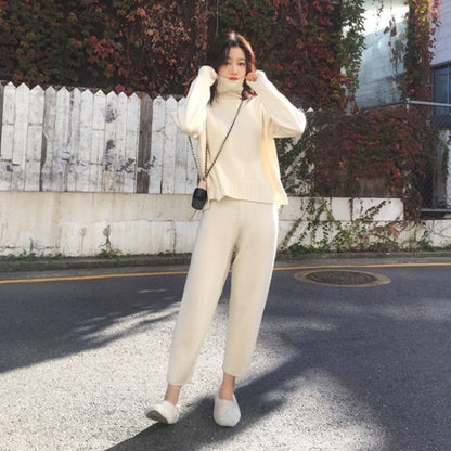 Conjuntos casuales de dos piezas de punto con top y pantalón de manga larga y cuello alto en color liso tallas S-XL