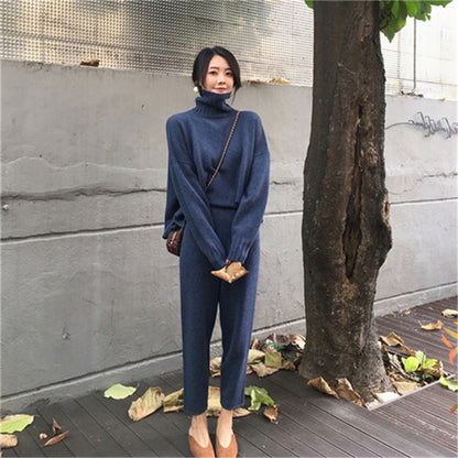 Conjuntos casuales de dos piezas de punto con top y pantalón de manga larga y cuello alto en color liso tallas S-XL