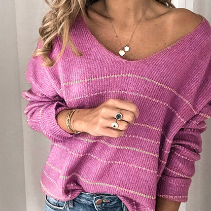 S-5XL Women Casual V Neck Stripe Pattern Long Sleeve Knit Top