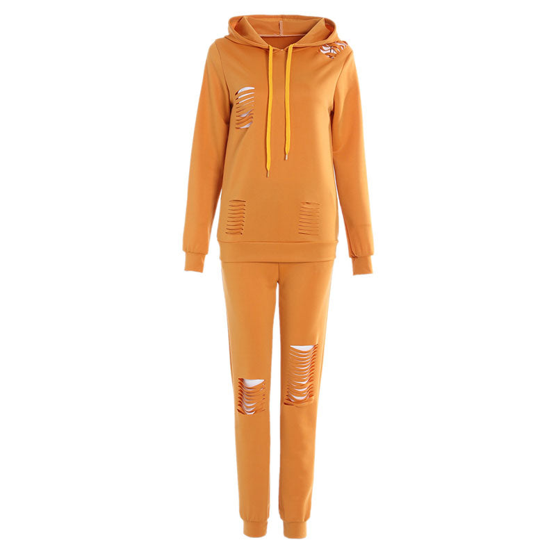 Athleisure Women Solid Color Ripped Design Long-sleeve Hoodie And Pants Casual Two-piece Set