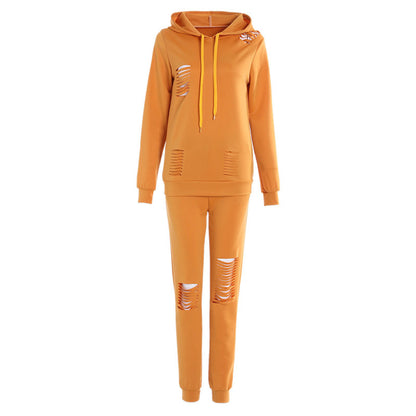 Athleisure Women Solid Color Ripped Design Long-sleeve Hoodie And Pants Casual Two-piece Set