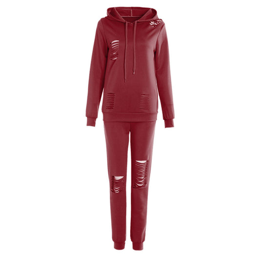 Conjunto deportivo de dos piezas para mujer, con capucha y pantalones de manga larga, diseño rasgado en color liso