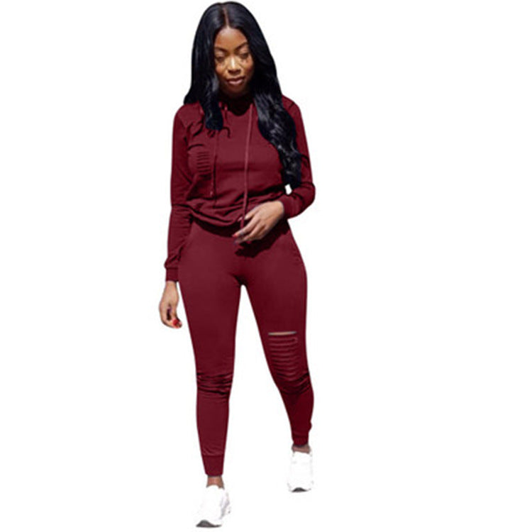 Athleisure Women Solid Color Ripped Design Long-sleeve Hoodie And Pants Casual Two-piece Set