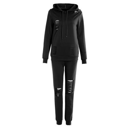 Athleisure Women Solid Color Ripped Design Long-sleeve Hoodie And Pants Casual Two-piece Set