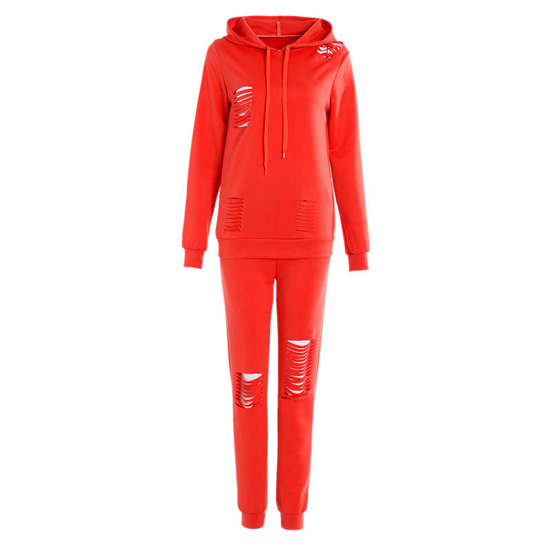 Athleisure Women Solid Color Ripped Design Long-sleeve Hoodie And Pants Casual Two-piece Set