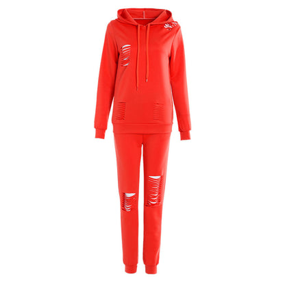 Athleisure Women Solid Color Ripped Design Long-sleeve Hoodie And Pants Casual Two-piece Set