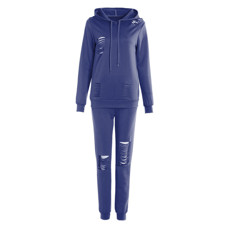 Athleisure Women Solid Color Ripped Design Long-sleeve Hoodie And Pants Casual Two-piece Set