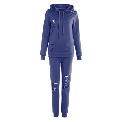 Athleisure Women Solid Color Ripped Design Long-sleeve Hoodie And Pants Casual Two-piece Set
