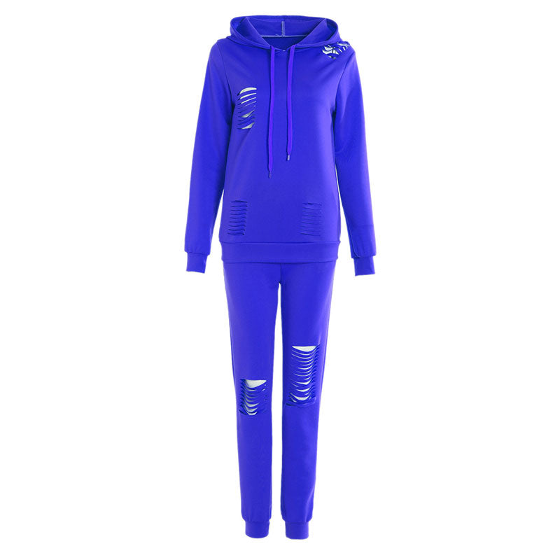 Athleisure Women Solid Color Ripped Design Long-sleeve Hoodie And Pants Casual Two-piece Set