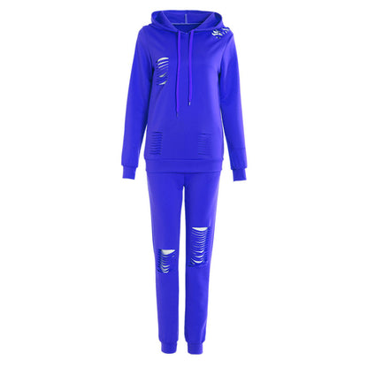 Athleisure Women Solid Color Ripped Design Long-sleeve Hoodie And Pants Casual Two-piece Set