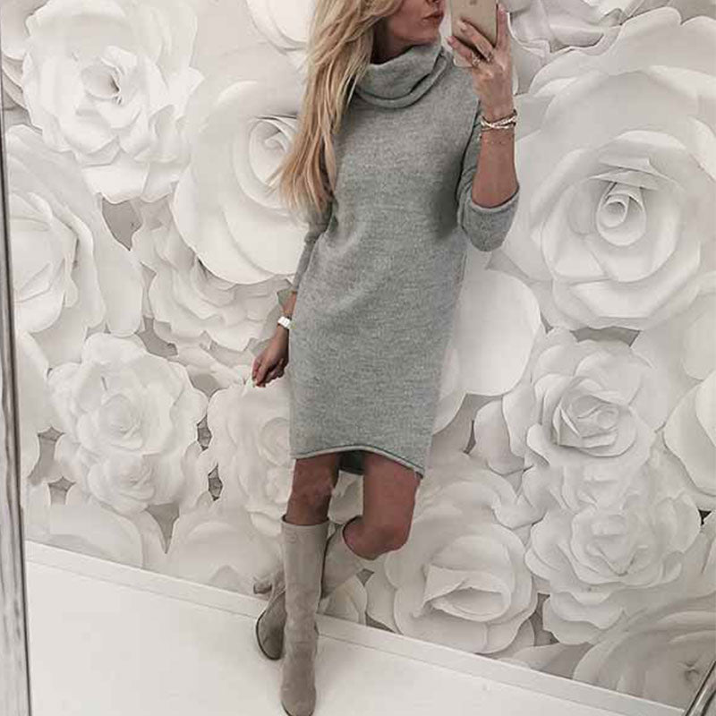 Autumn Winter Women Solid Color Turtleneck Long-sleeve Casual Knitted Dress