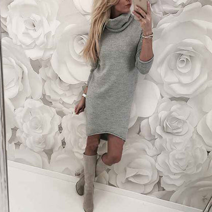 Autumn Winter Women Solid Color Turtleneck Long-sleeve Casual Knitted Dress
