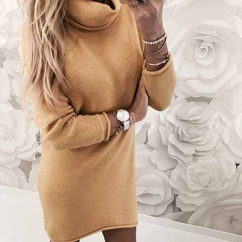 Autumn Winter Women Solid Color Turtleneck Long-sleeve Casual Knitted Dress