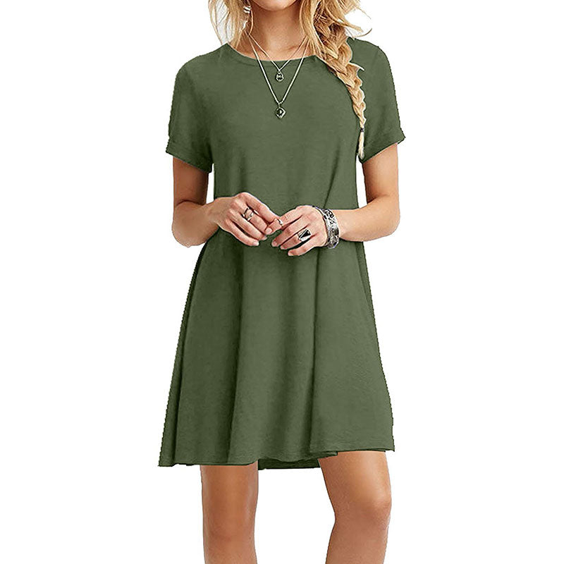 S-XXL Women Solid Color Short-sleeve Loose Casual Dress