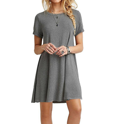 S-XXL Women Solid Color Short-sleeve Loose Casual Dress