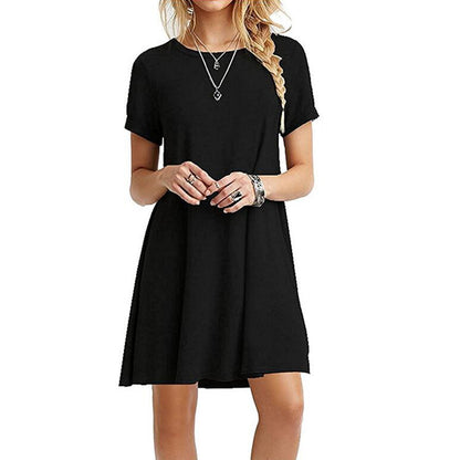S-XXL Women Solid Color Short-sleeve Loose Casual Dress