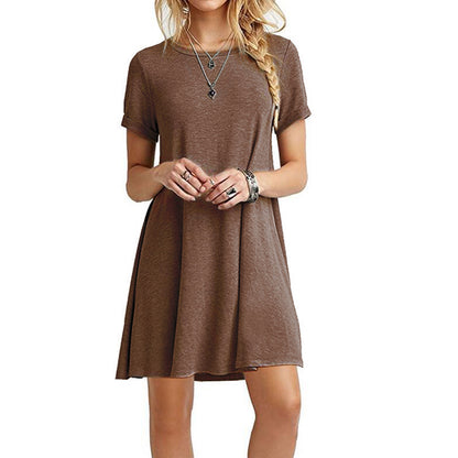S-XXL Women Solid Color Short-sleeve Loose Casual Dress