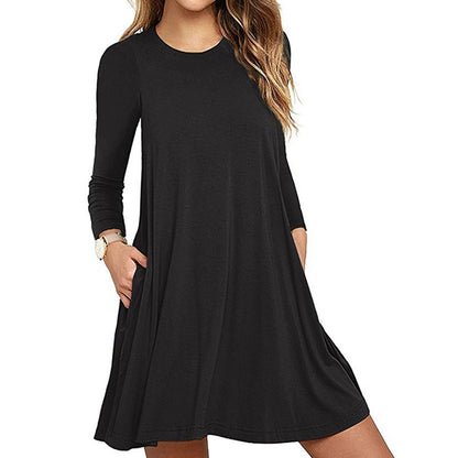 S-XXL Solid Color Round Collar Long Sleeve Pocket Casual Dress