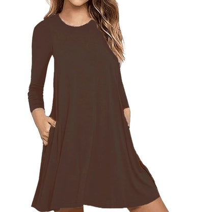 S-XXL Solid Color Round Collar Long Sleeve Pocket Casual Dress