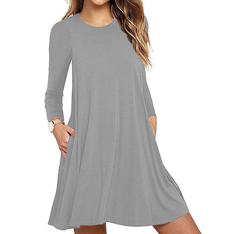 S-XXL Solid Color Round Collar Long Sleeve Pocket Casual Dress