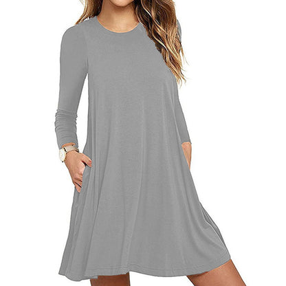 S-XXL Solid Color Round Collar Long Sleeve Pocket Casual Dress