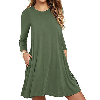 S-XXL Solid Color Round Collar Long Sleeve Pocket Casual Dress