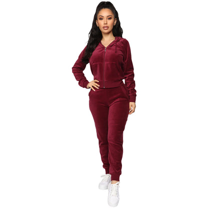 Conjunto informal de dos piezas con capucha, manga larga, cremallera y pantalones deportivos de terciopelo (tallas S-XXL)