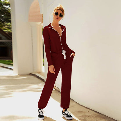 S-XL Stand Collar Zipper Long Sleeve Lace-up Casual Jumpsuits
