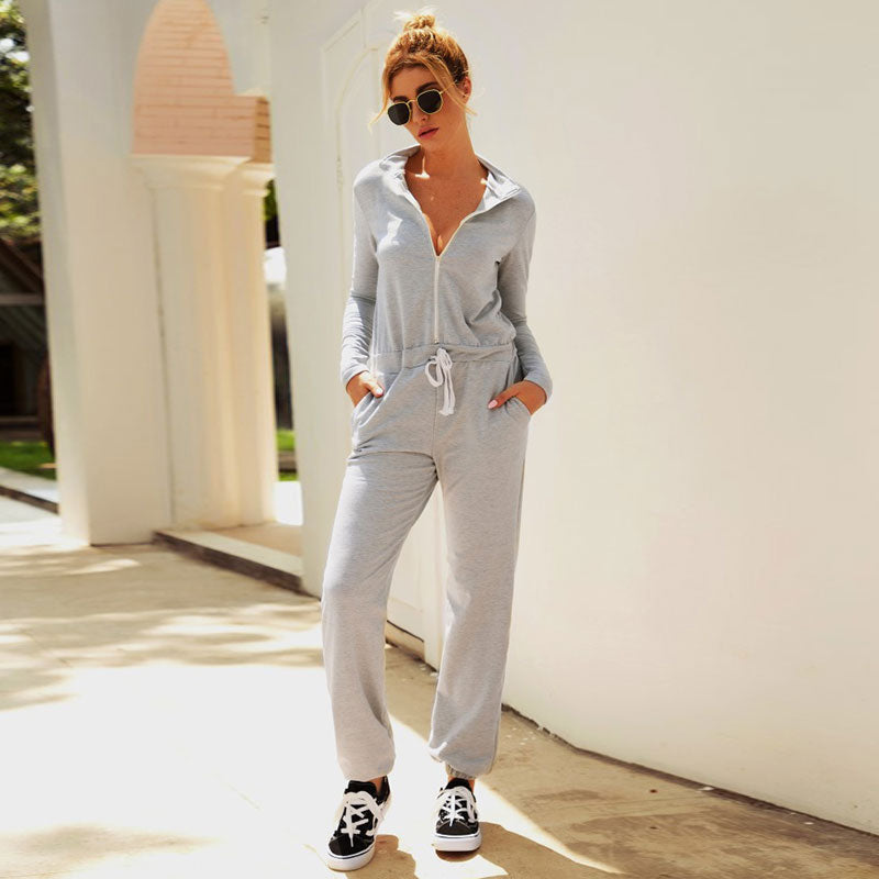 S-XL Stand Collar Zipper Long Sleeve Lace-up Casual Jumpsuits