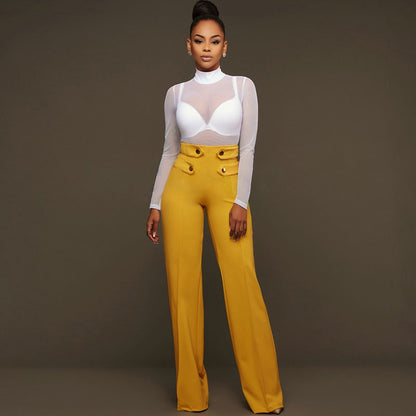 S-XL Fashion Button Design High Waist Casual Pants