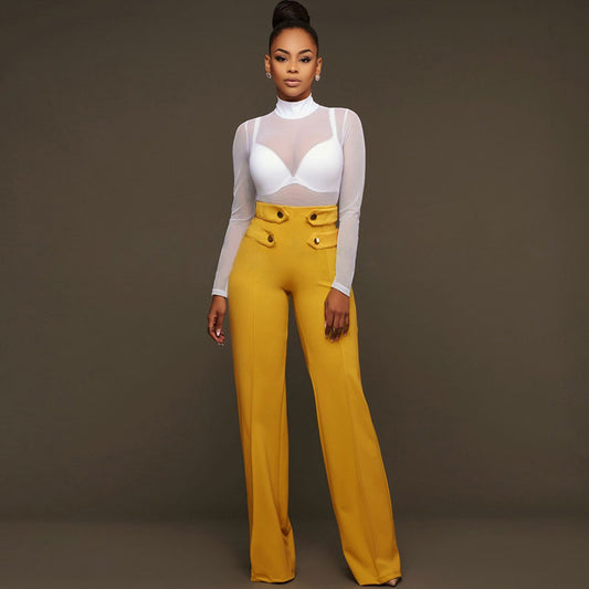 Pantalones casuales de cintura alta con diseño de botones de moda S-XL