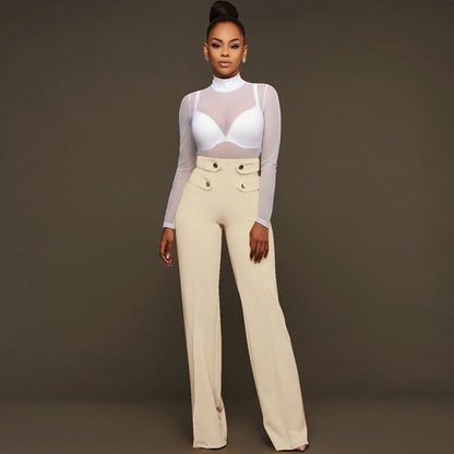 S-XL Fashion Button Design High Waist Casual Pants