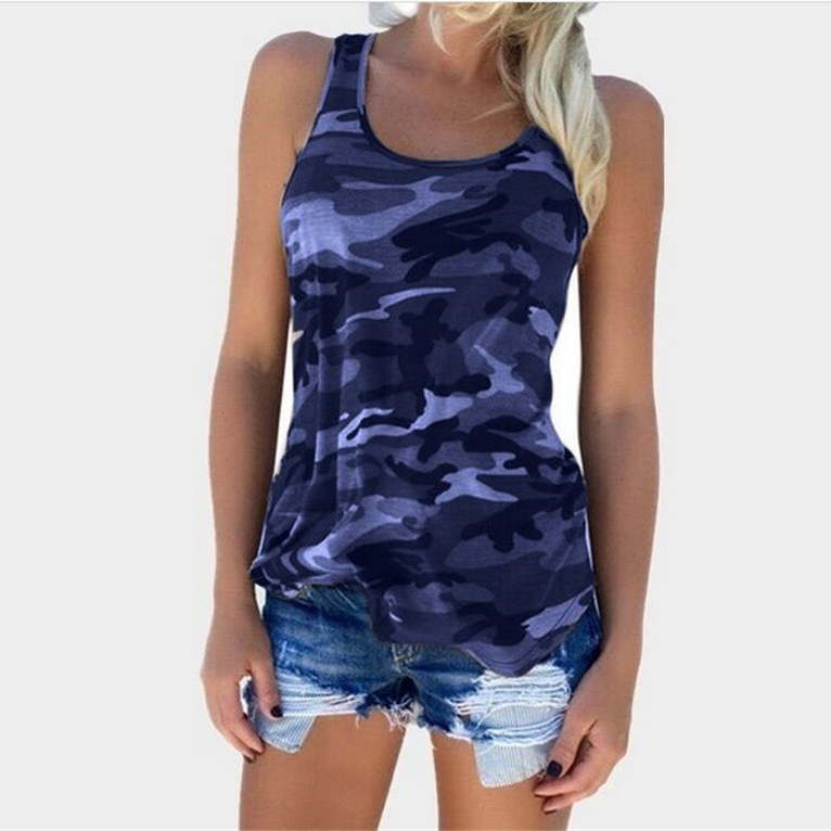 Camiseta básica sin mangas con estampado de camuflaje informal para mujer tallas S-5XL